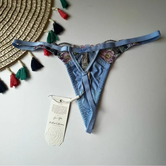 For Love And Lemons Louise Thong Panty Blue Medium NEW